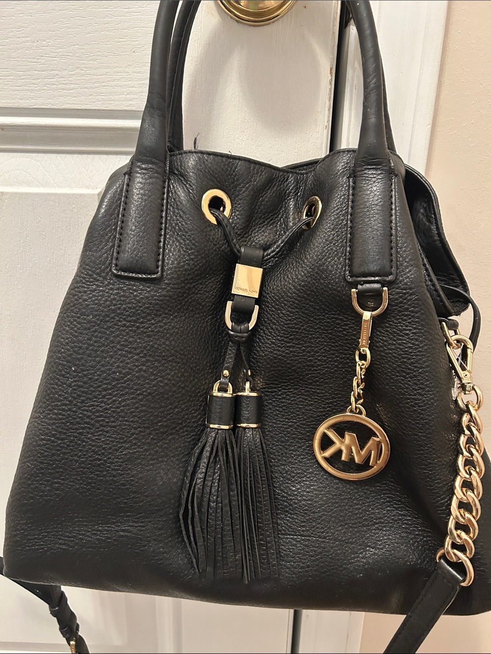 Michael Kors Black Pebbled Leather Drawstring Satchel with Gold Hardware
